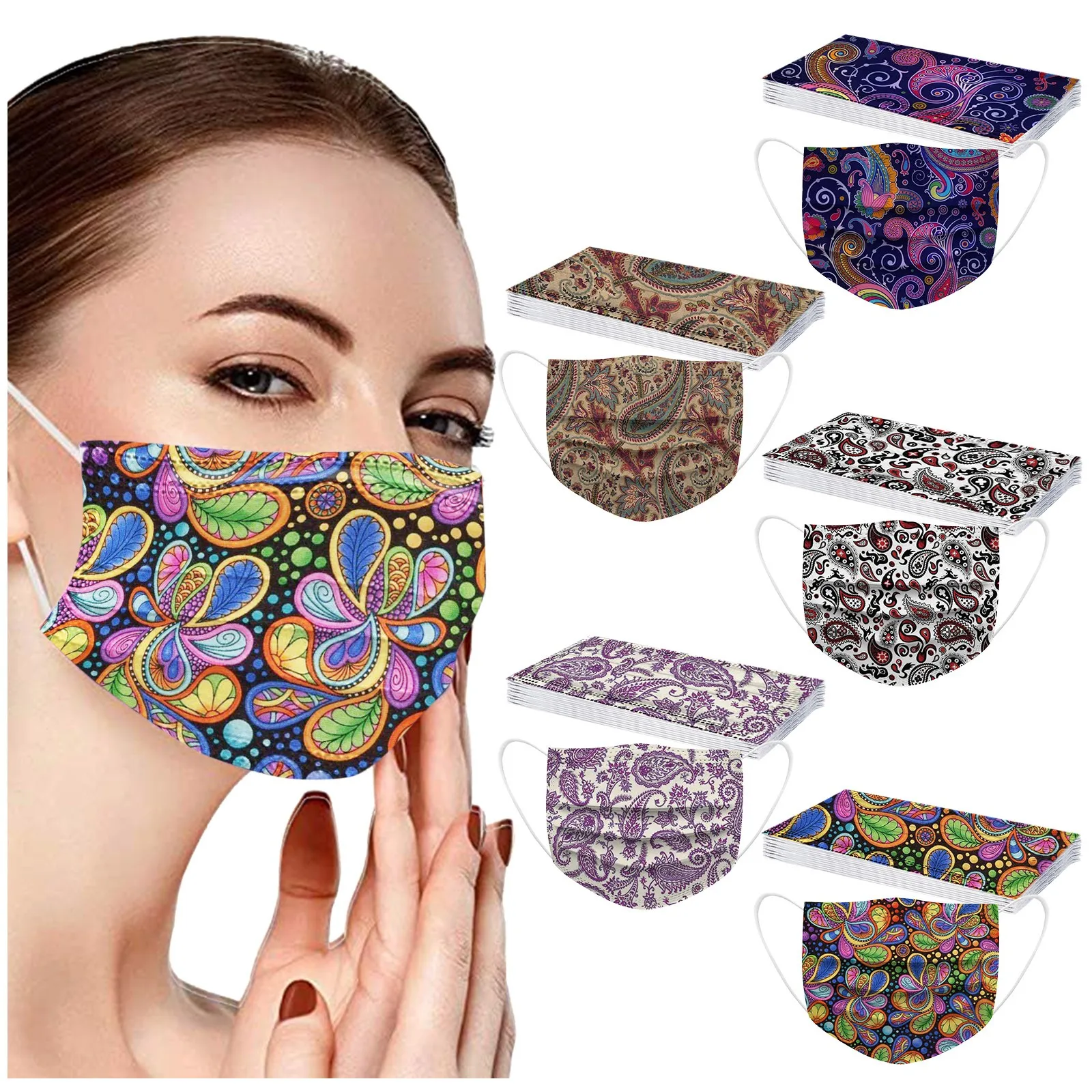 50PCS Adult's Mask Paisley Print Disposable Face Mask Industrial 3Ply Ear Loop