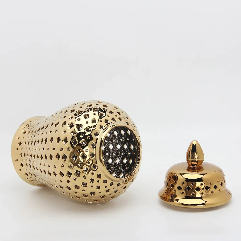 Hollow General Jar Ceramic Golden Ginger Jar Porcelain Storage Jar Vase Hollow Flower Arrangement Pot Home Decoration Vases Pots 3