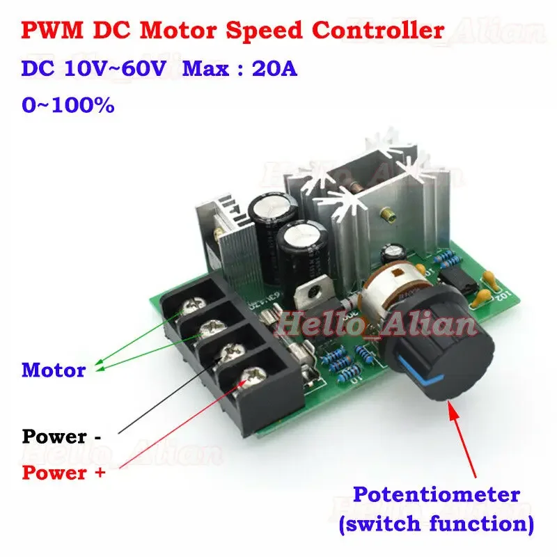 Small DC 12V~60V 24V 36V 48V Max 20A PWM DC Motor Speed Switch Controller Volt Regulator 0-
