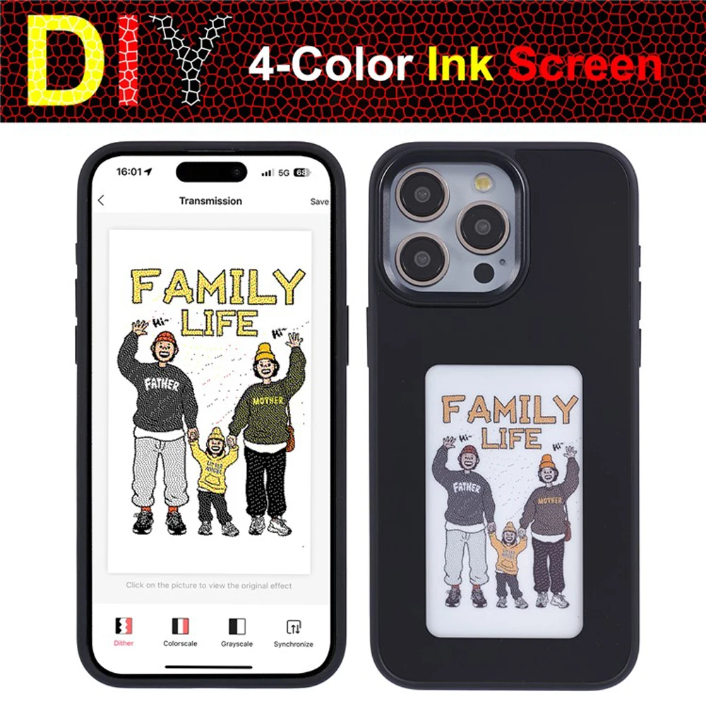 NFC 새로 고침 디스플레이 폰 케이스, 아이폰 13, 14, 15 프로 맥스, 3.7 인치 Eink 스크린, 4 가지 색상, 앱 새로 고침 백 커버, 배터리 없음