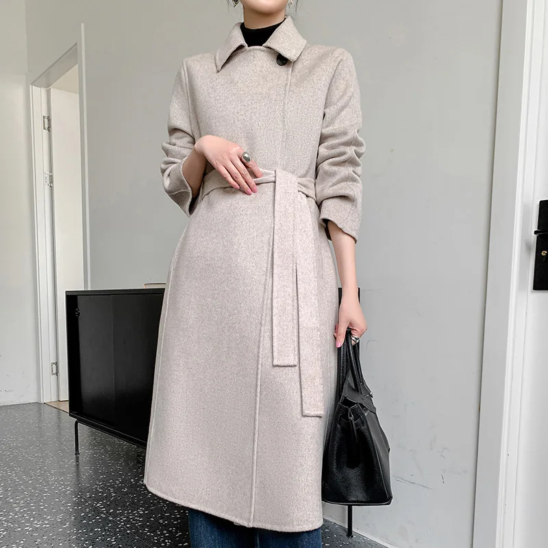 Autumn Winter New High End Double Sided Wool Coat Women's Polo Neck 100% Pure Wool Loose Medium Length Style Thickened Wool Coat