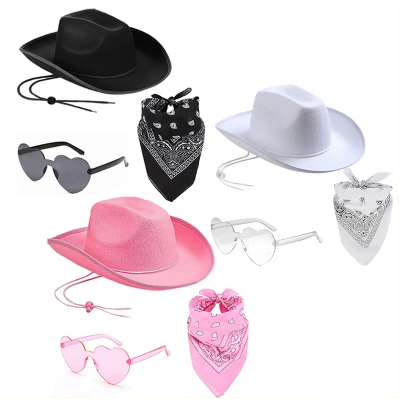 Western Cowboy Hat Scarf Sunglasses Wide Brim Hat Women Party Costume Headwear