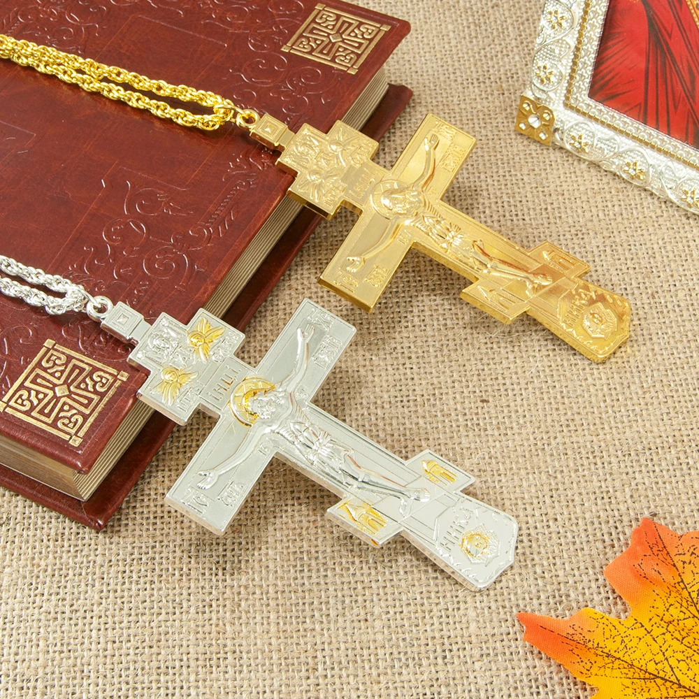 HTISOK Orthodox Pectoral Cross Byzantine Cross Gold Plated Crucifix Necklace Pendant for Bishop Pastor Religion Gift