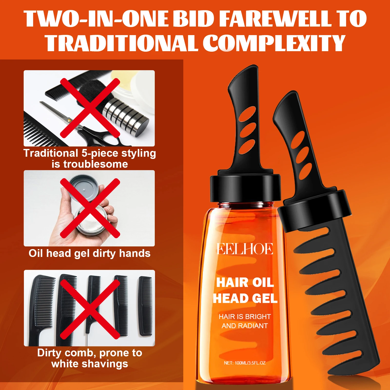 Olio per lo styling dei capelli 2 in 1 con pettine a denti larghi Uomo Olio per lo styling dei capelli soffice a lunga durata Crema per lo styling dei capelli Liquido soffice Comb100ml 4