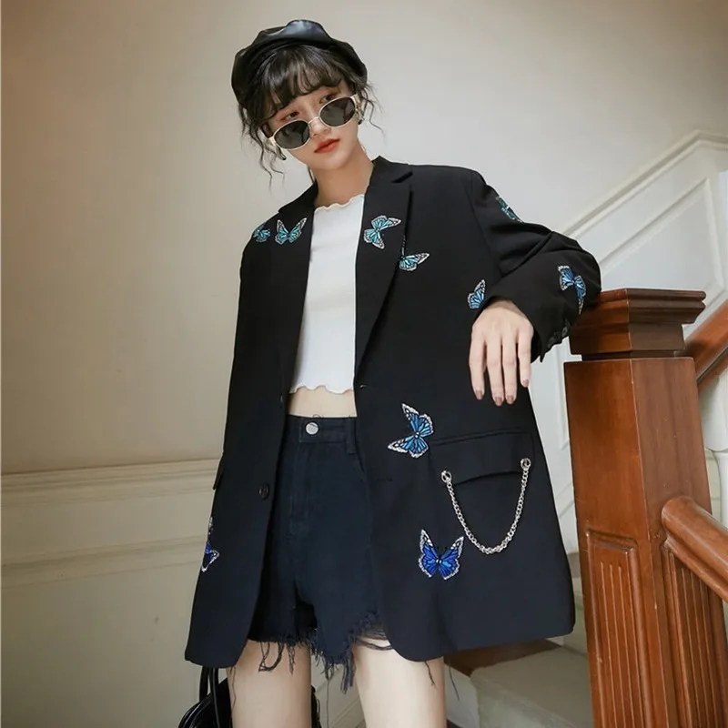 

Women Black Blazer Jacket Loose Long Coat 2023 Autumn Ladies Suit Butterfly Embroidery V-neck Blazers for Woman with Pockets