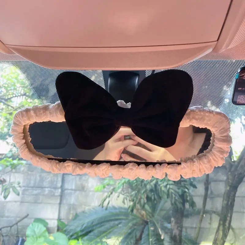 Velvet Retro Red Bow Car Mirror Cover Universal Stretch Soft Plush Auto Interior Rearview Mirror Case Decor Accessories Women