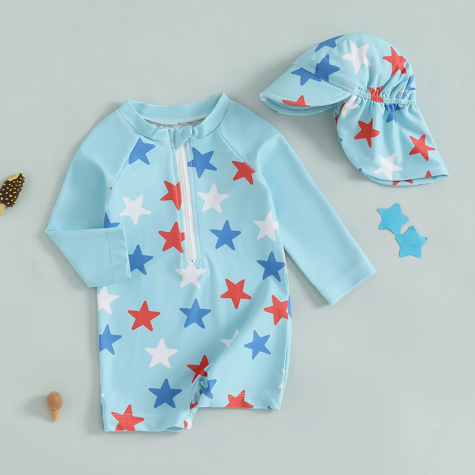 MISOWMNJOY New Children Beachwear for Girl Boy Swimsuit with Hats Star/Plaid Print Long Sleeve Mock Neck Zip Kids Bathing Suit