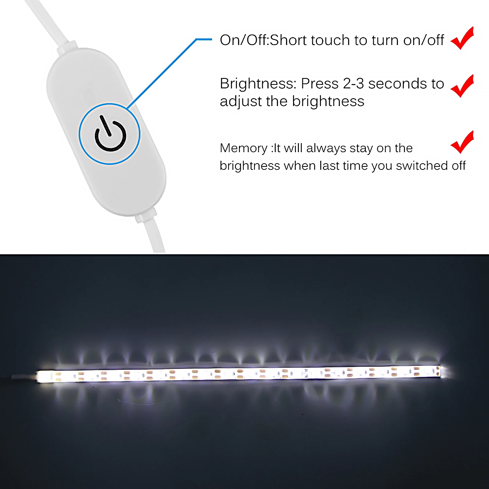 LED 재봉틀 라이트 스트립 키트, SMD 2835 화이트 USB 전원, 터치 스위치 포함, 데스크탑 캐비닛 주방용 조명 스트립, 30cm