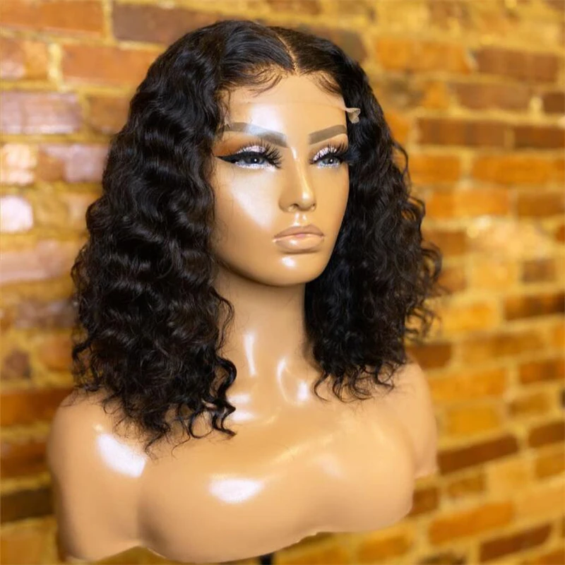 

Glueless 180 Density 14 inch Soft Natural Black Short Cut Bob Kinky Curly lace Front Wig For Black Women Daily Cosplay Deep Part