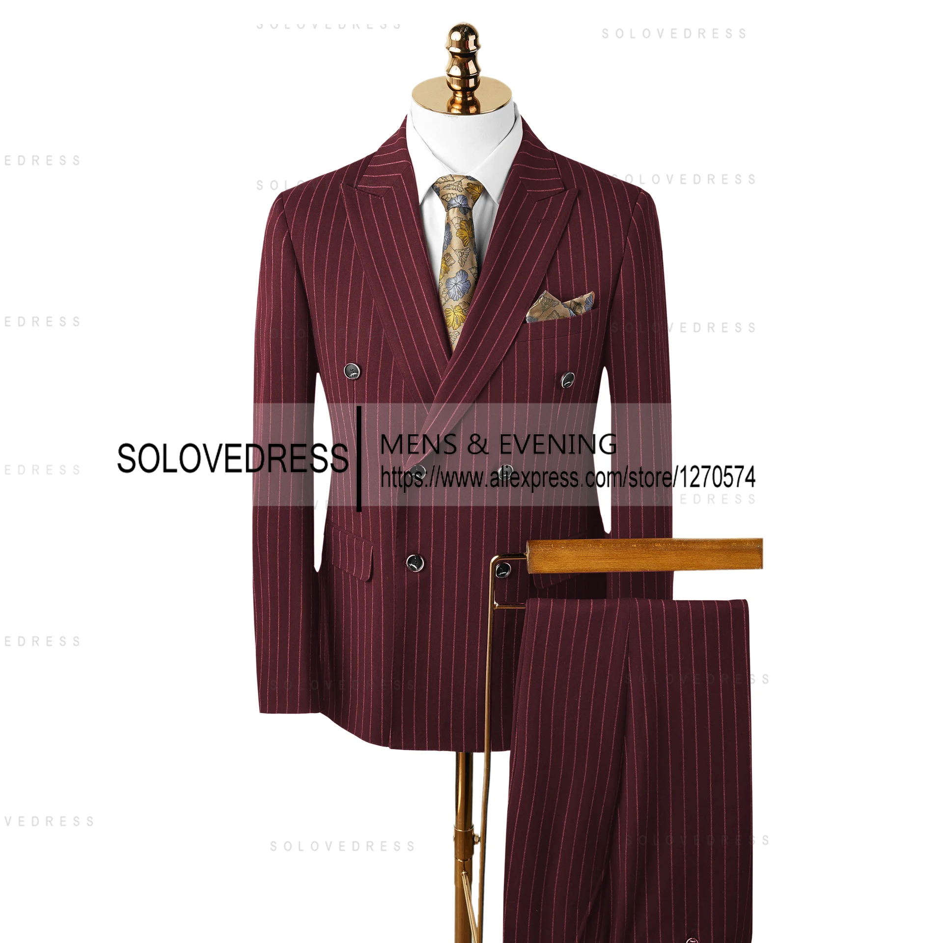 2 Pieces  Men's Suit Striped  Casual Peak  Lapel Single  Breasted Prom Tuxedos for Groomsmen (Blazer+Pant）