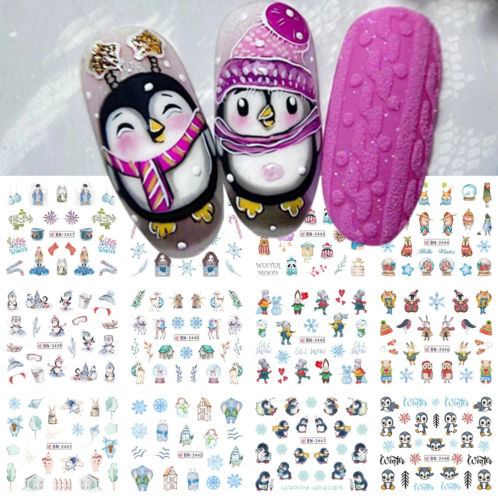 

Милые наклейки для ногтей в виде пингвина, Рождественская водная наклейка для дизайна ногтей, медведь, олень, новогодний и зимний декор, слайдеры в виде кота, кролика для маникюра NLBN