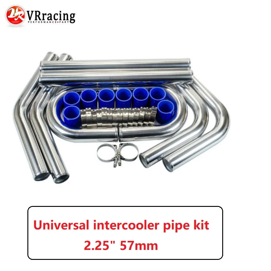 Vr - 2.25" 57Mm Turbo Intercooler Pipe 8 Pcs Chrome Aluminum Pipe + T-Clamp+ Silicone Hoses Blue Vr1717