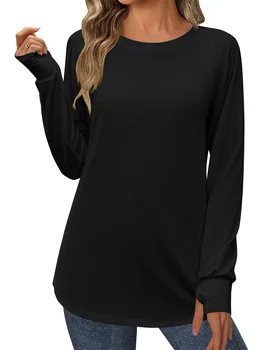 Women's Fashion Top Autumn Long Sleeve Thumbhole Shirt Casual Loose Round Neck Long Sleeve T-shirt 1