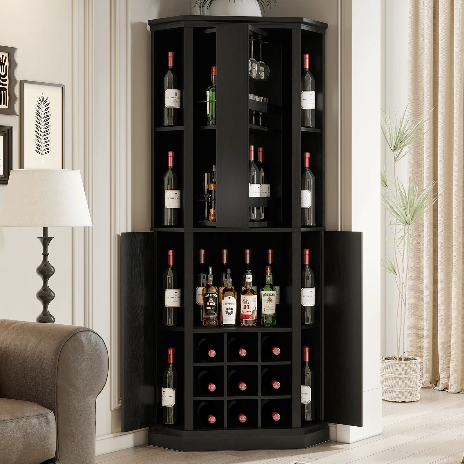Corner Wine Cabinet with Rotating Glass Wine Rack, Farmhouse Bar Storage Cabinet with Cup Holders, Bar for Dining Room
