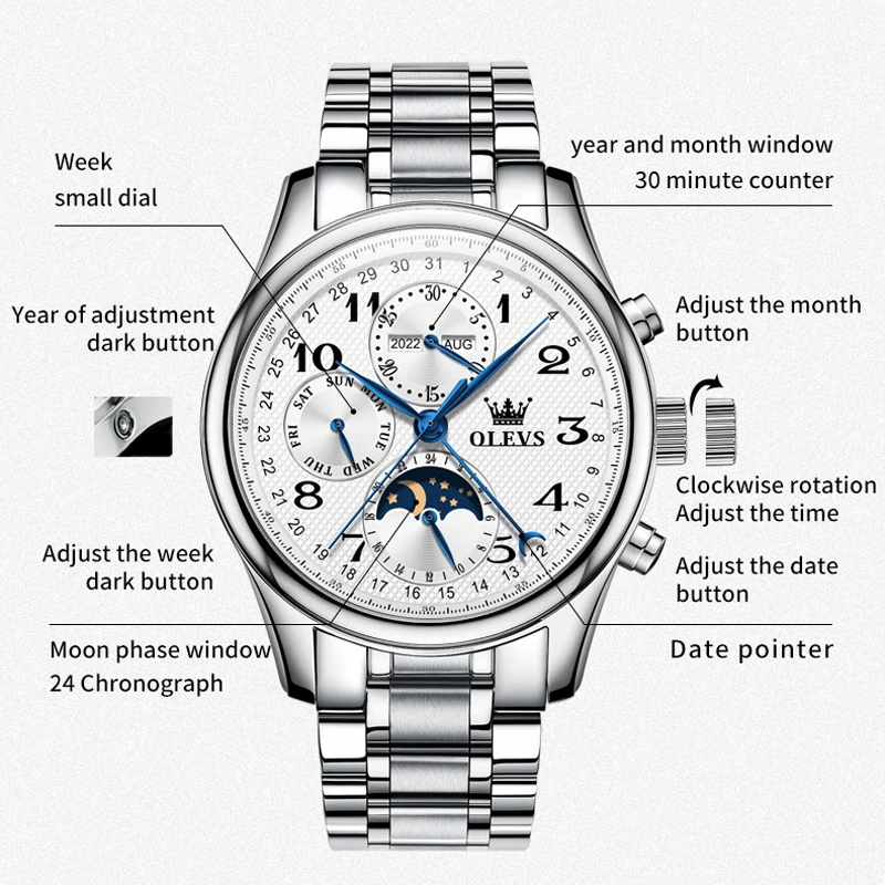 OLEVS Top Brand Sports Men Mechanical Wristwatch Moon Phase Waterproof Automatic Watch New Stainless Steel Watches Men 6667