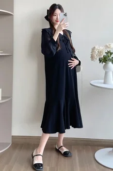 2025 Autumn Plus Size Maternity Black Dress Long Sleeve Sweet Peter Pan Collar Pregnant Woman Fishtail Dress Elegant Party Dress