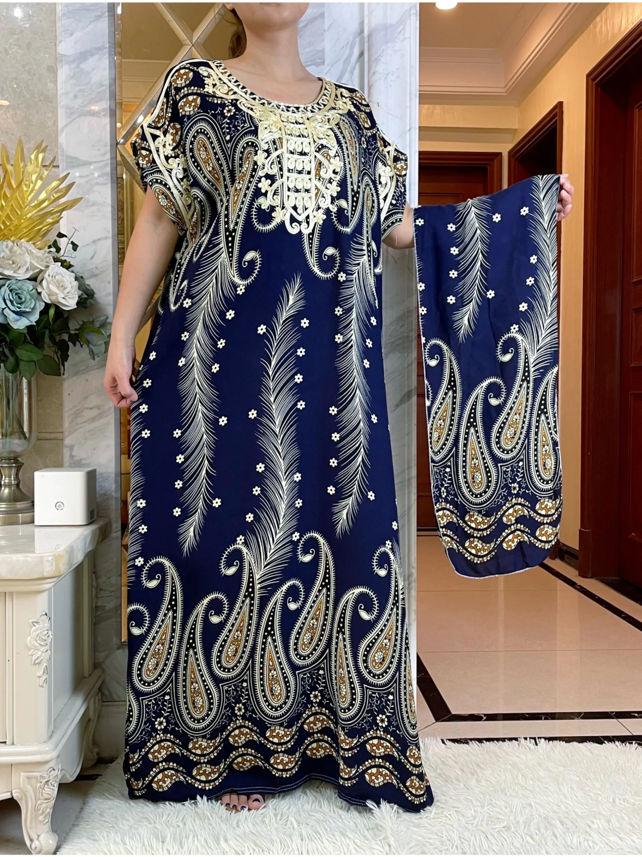 

2023New Style Flower Sleeve African Dashiki Floral Printing Cotton Abaya Caftan Elegant Lady Summer Maxi Casual Dresses Vestidos