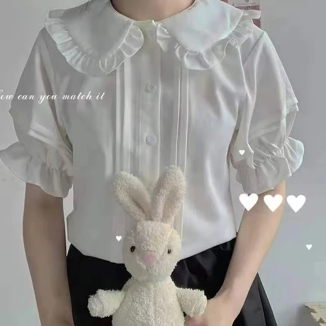 Zoki Japanese Sweet Women Blouses Lolita Style White Kawaii Peter Pan Collar Jk Shirt Cute Preppy Ruffle Puff Short Sleeve Tops 2