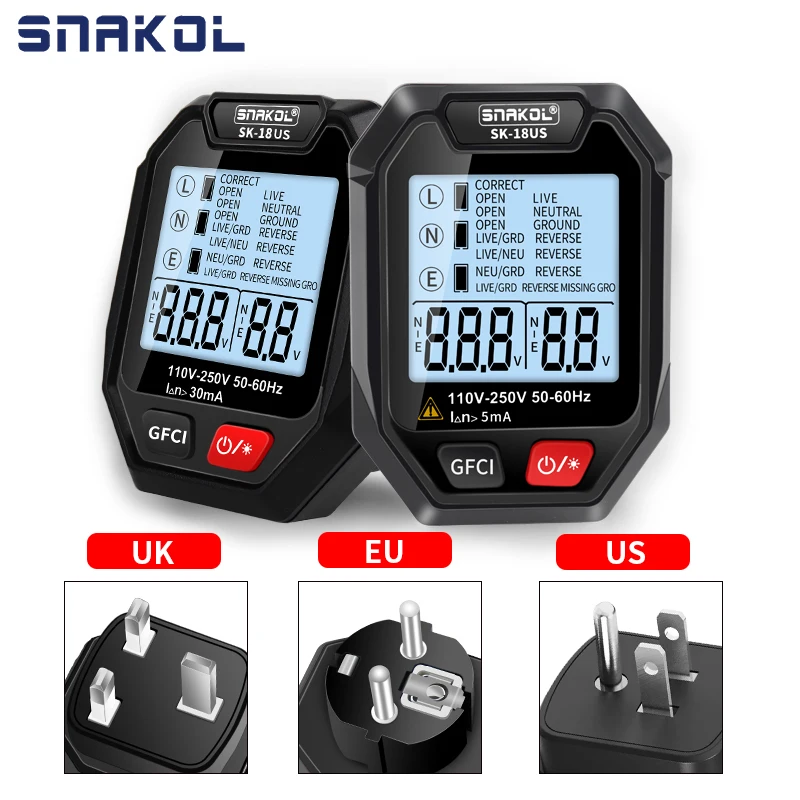 SK18 Digital Socket Tester EU US UK Plug Polarity Detection Large LCD Socket Wiring Diagnosis Voltage Display RCD Test socket tester