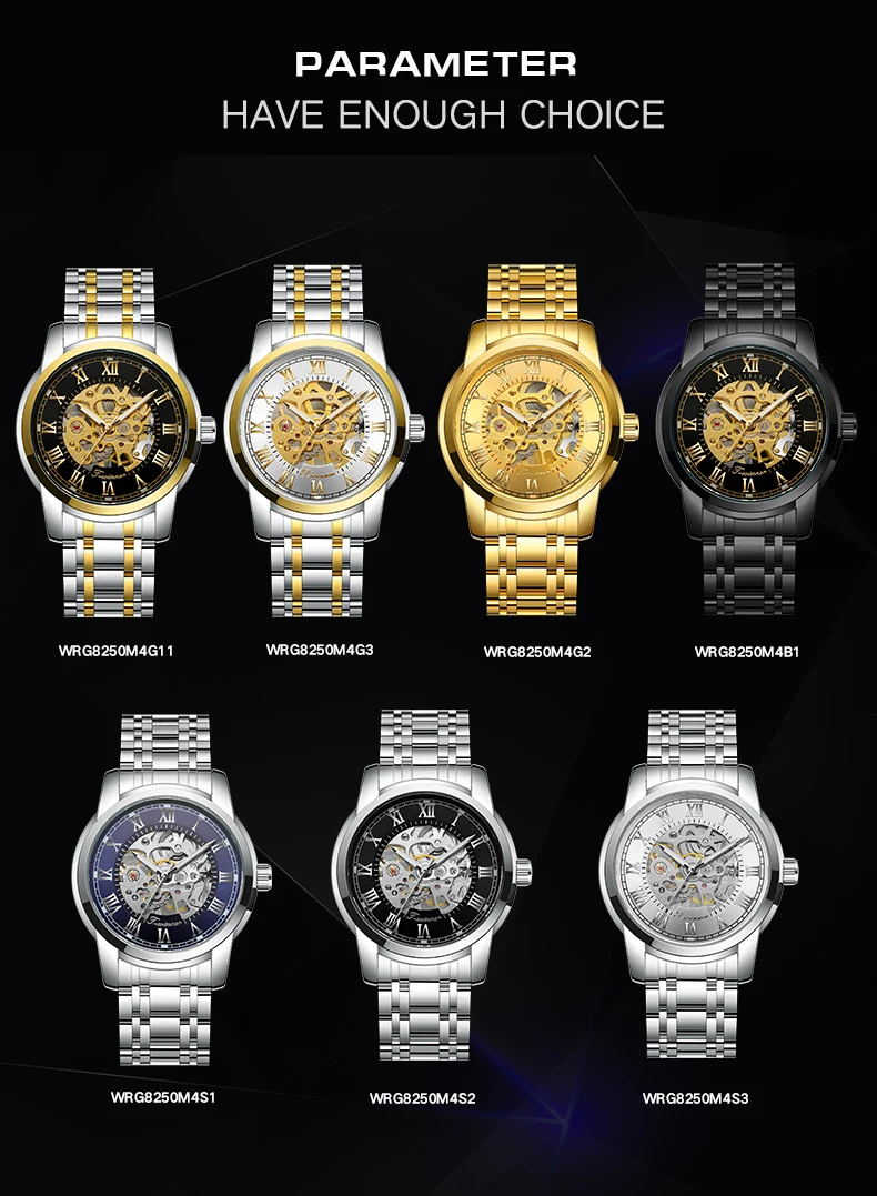 2024 WINNER Roman scale Skeleton Mechanical Wristwatch Retro Luminous Hands Luxury Brand Gold Cool Men Watches Stainless Steel