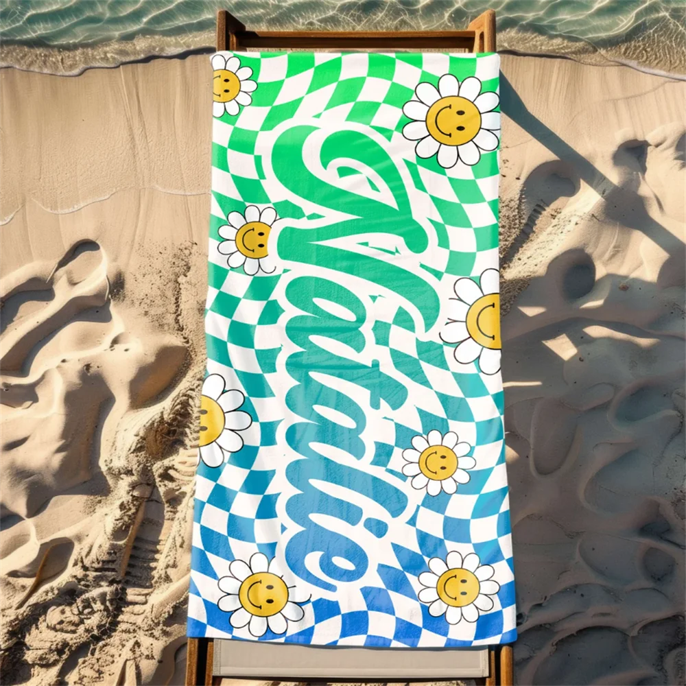 Personalized Daisy Grid Name Beach Towel, Custom Monogram Pool Towel, Signature Beach Towel For Kids, Vacation Gift Picnic Towel 5
