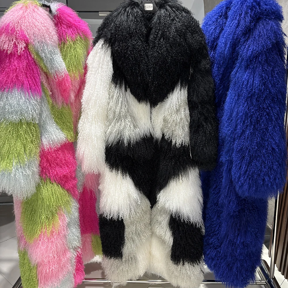 YOLOAgain 135-140cm Floor Length Mongolia Sheep Fur Coat Women Winter Warm Party Long Fur Coat Ladies Overcoat