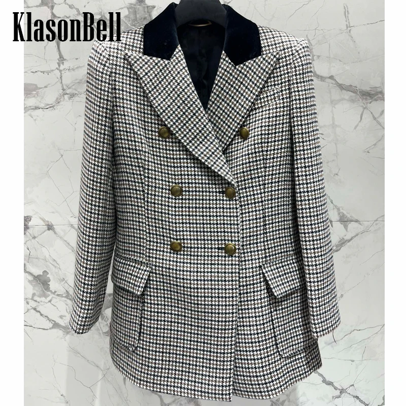 

Женский двубортный шерстяной Блейзер KlasonBell, элегантный бархатный блейзер контрастных цветов с отложным воротником и большими карманами, 3,19