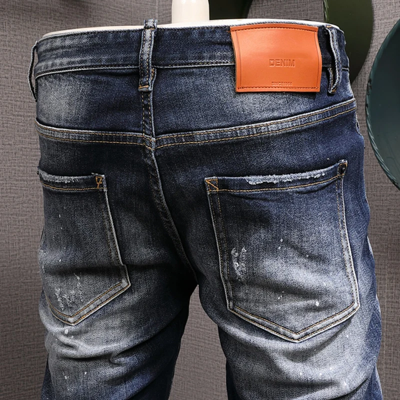 High Street Fashion Men Jeans Retro Blue Elastic Slim Fit Ripped Jeans Men Vintage Trousers Patched Designer Brand Pants Hombre