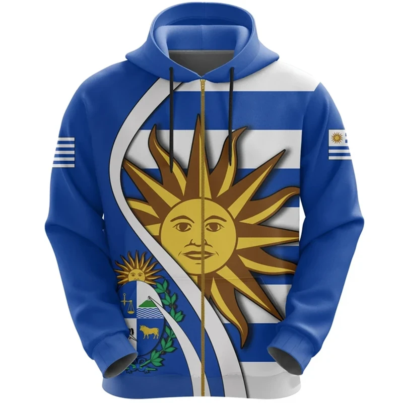thumbnail image 1 of Sudadera con capucha de gran tamaño con estampado 3D de la bandera del emblema de Uruguay de la calle con cremallera y ropa deportiva diaria de primavera y otoño de 2024, 1 of 4