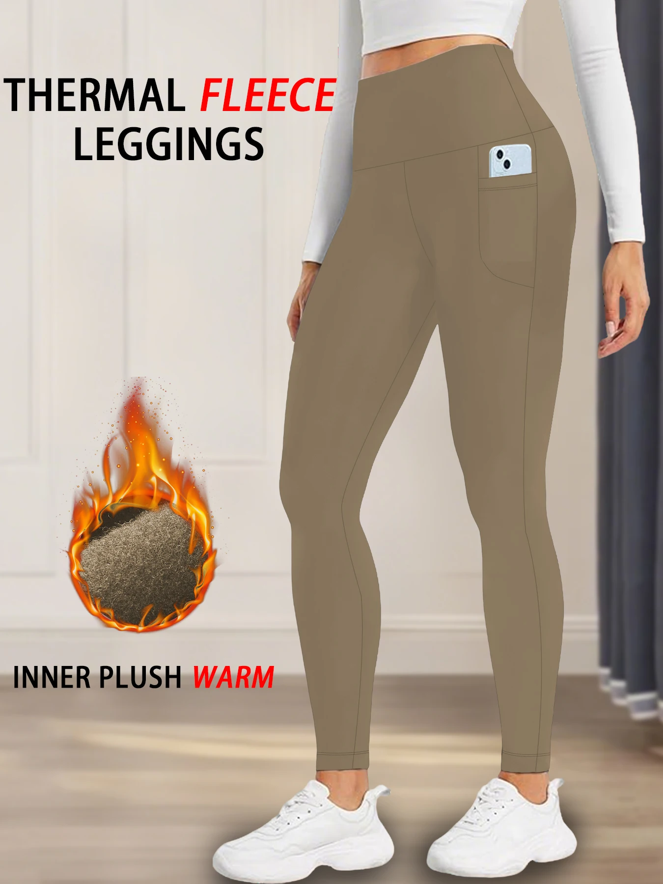 Dicke Thermo-Leggings für Damen mit Taschen – hoch taillierte, mit Fleece gefütterte, bauchkontrollierende, warme Winterstrumpfhose, Workout-Laufhose – Detail 2