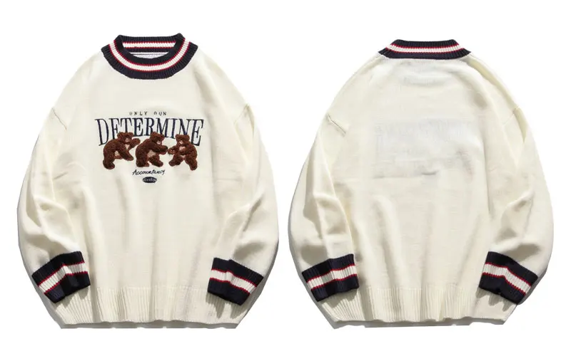 

Bear Patchwork Striped Knitted Jumpers Sweaters Streetwear Hip Hop Harajuku Casual Pullover knitwear Mens Fashion Tops