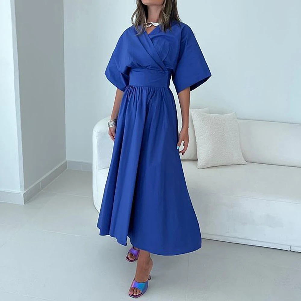 

GIOIO V-Neck Luxury Formal Evening Dresses Pleat Belt Short Sleeves فساتين سهرة Ankle Length Elegant Prom Gowns Party Women