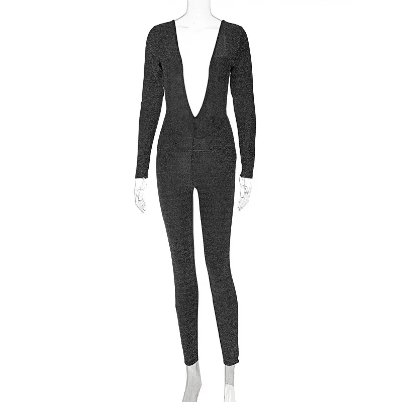 Beach Holiday Dress Bikini 2024 Women Pareo Sets To New Summer Silver Shiny Neck Long Sleeve Sexy Halter Jumpsuit Solid Spandex