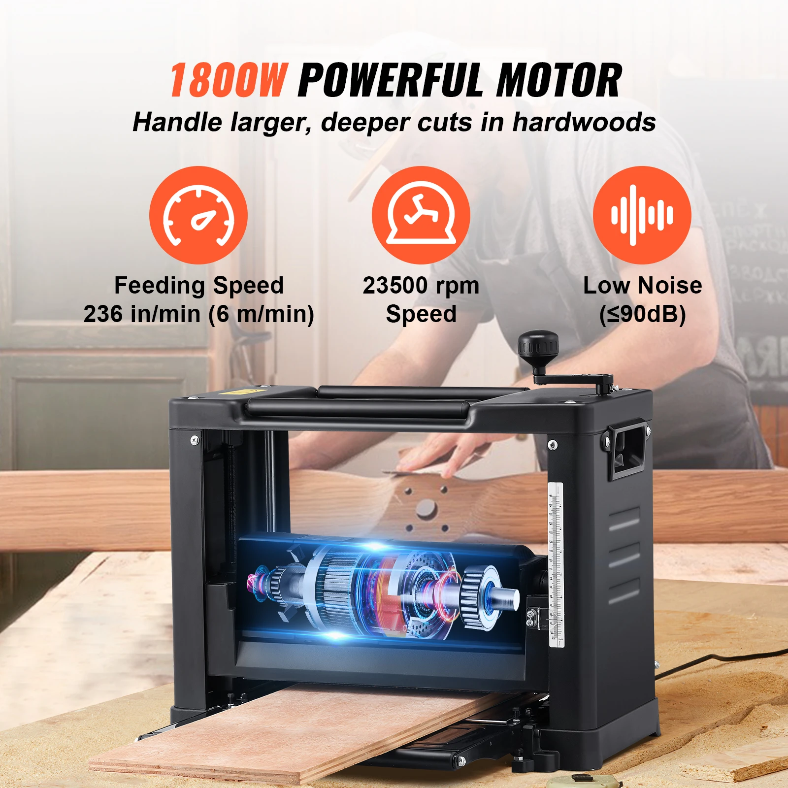 Thickness Planer 13inch Benchtop Planer Two-Blade 15-Amp 1800W Motor for DIY Woodworking Planing