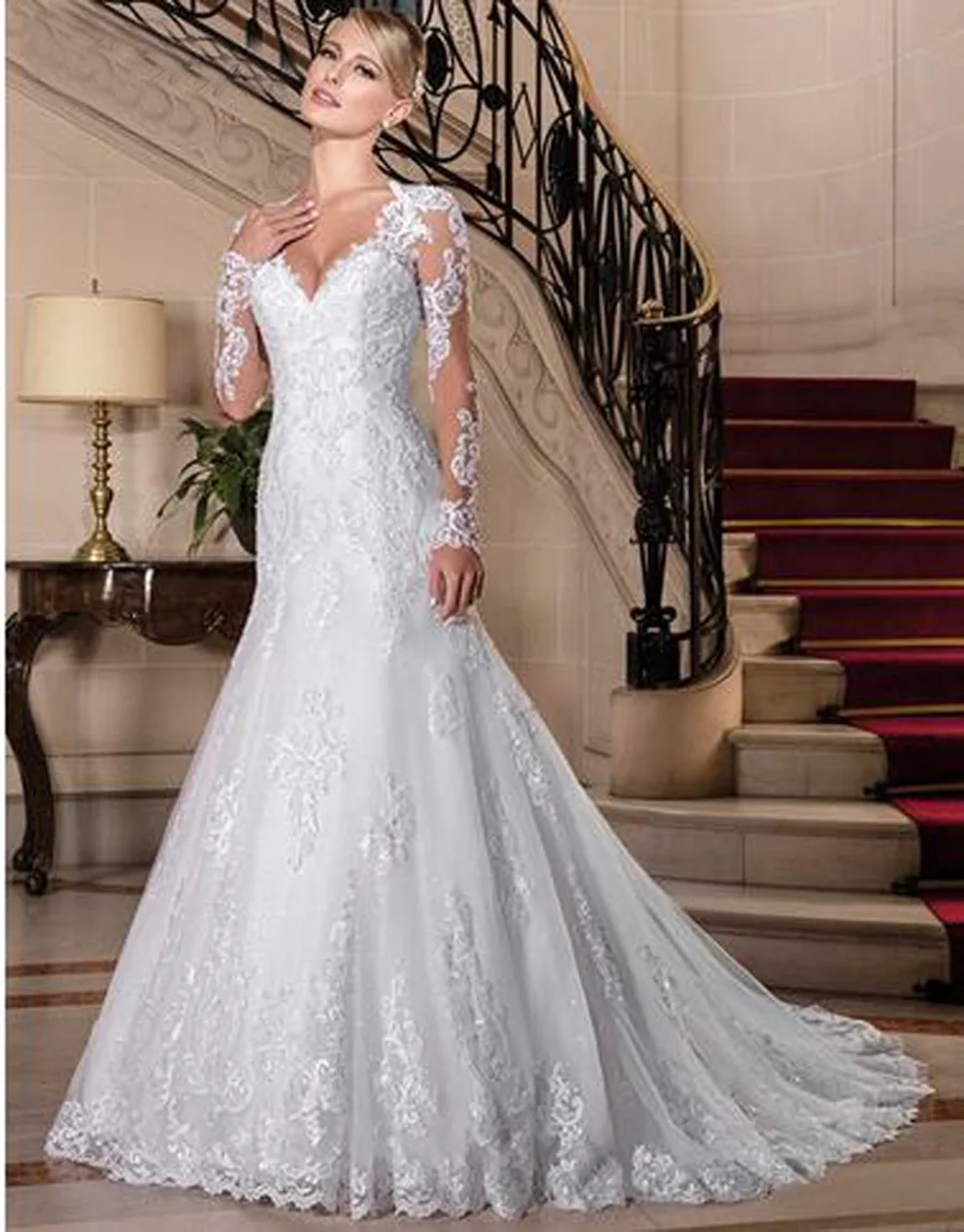 

VENSANAC Illusion Long Sleeve Lace Appliques Mermaid Wedding Dresses Deep V Neck Sweep Train Bridal Gown