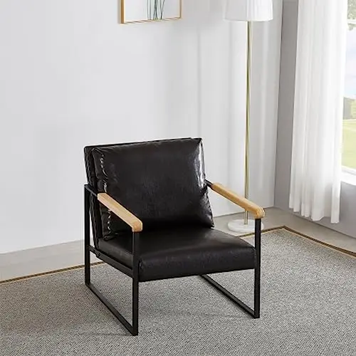 

Chair Upholstered Faux Leather Accent Chair Single Reading Chair with Metal Arms for Lounge Living Room Bedroom Reception Room S