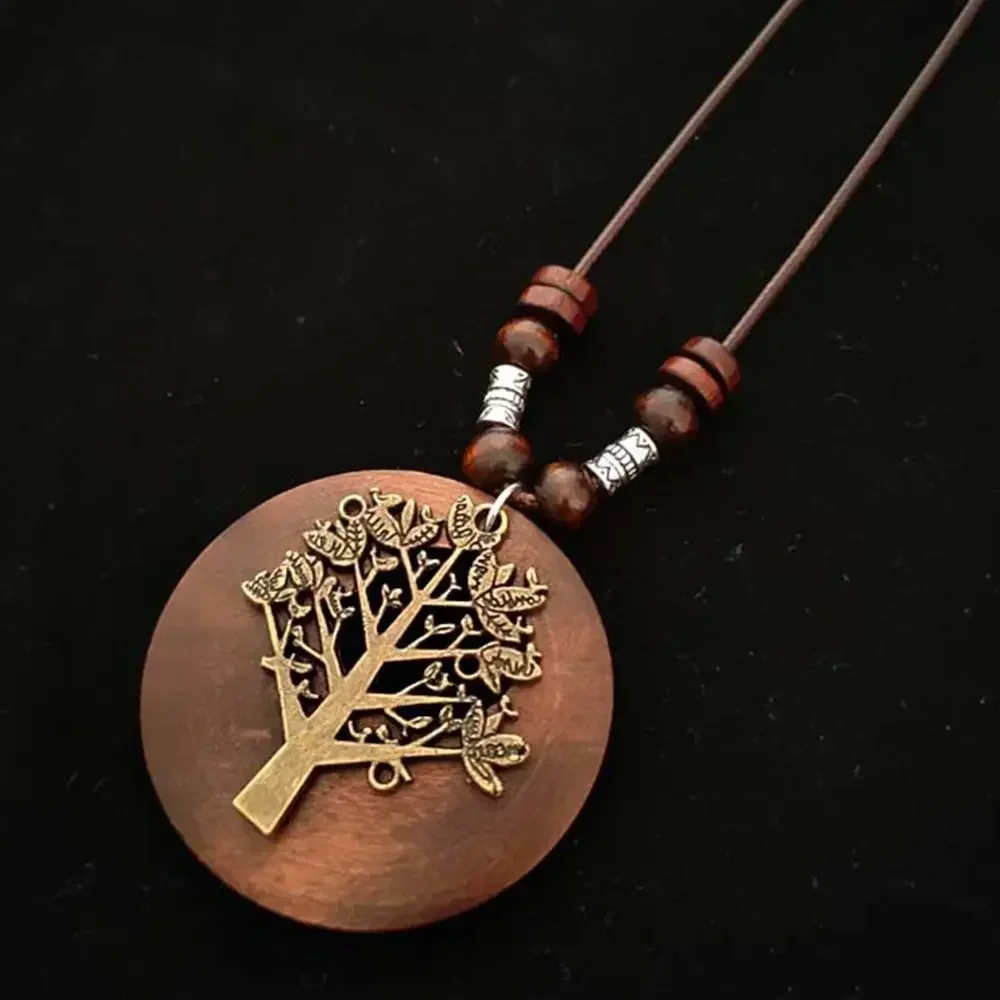 Vintage Wooden Owl Pendant Necklace - Ethnic Long Chain Jewelry