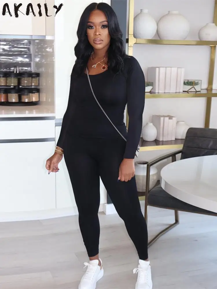 

Осенний Черный Базовый комплект Akaily из 2 предметов, серый Топ с длинным рукавом и брюки, женские повседневные подходящие комплекты, 2022