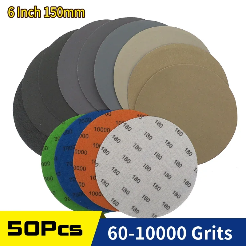 

50pcs 6 Inch 150mm Waterproof Sanding Discs Hook Loop Silicon Carbide Sandpaper Wet/Dry 60-10000 Grit for Polishing Grinding