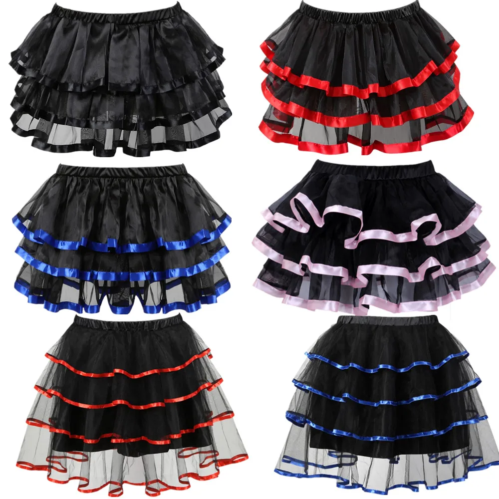 

Ruffles Layered Petticoat Skirts Adult White Ribbon Trim Black Organza Sexy Punk Tutu Skirt Showgirl Dance Women Pettiskirts
