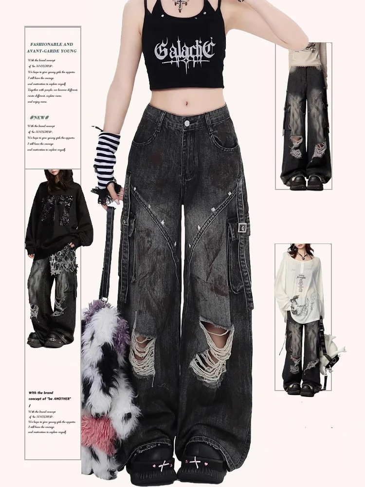 Women Ripped Jeans Harajuku Japanese 2000s Style Denim Trousers Y2k Vintage Punk Emo Pants