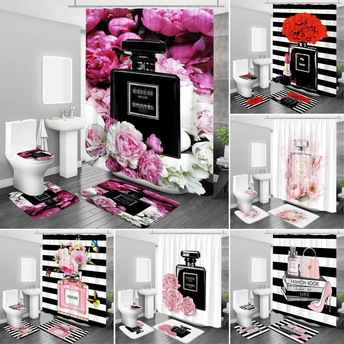 

Luxury Perfume Cosmetic Flowers Art Fashion Girl Perfume Bottle Printed Shower Curtain with Hooks Mat Rug Bathroom Decor Set