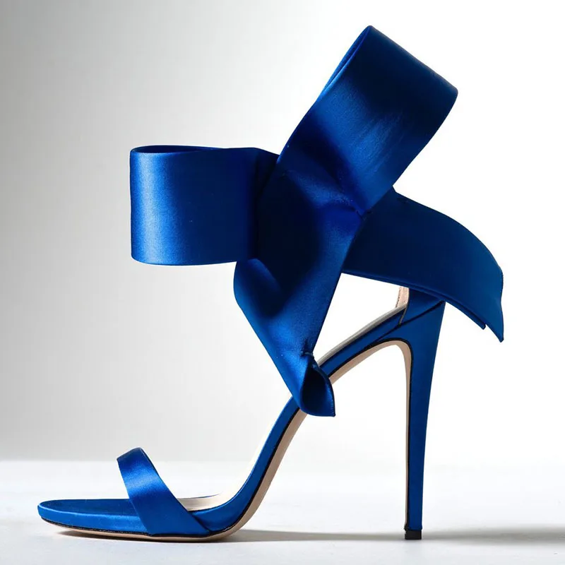 

Bow Sandals Woman Summer 2022 Women's Luxury High Heel Shoes Wedding Bride Stiletto Heels Blue Satin Large Size Party Footwear