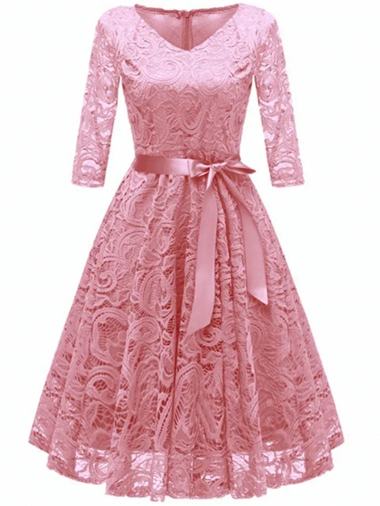 

2024 Autumn Lace Dresses Femme 3/4 Sleeve V-Neck Women Red Dress Hollow Out Female Robes de Festa