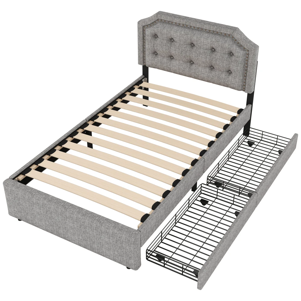 Elegantes gepolstertes Flachbett 90 x 200 cm – hellbeiges Bett mit Nietenverzierung, 2 Schubladen mit Stauraum, platzsparende Schlafzimmermöbel – Detail 29