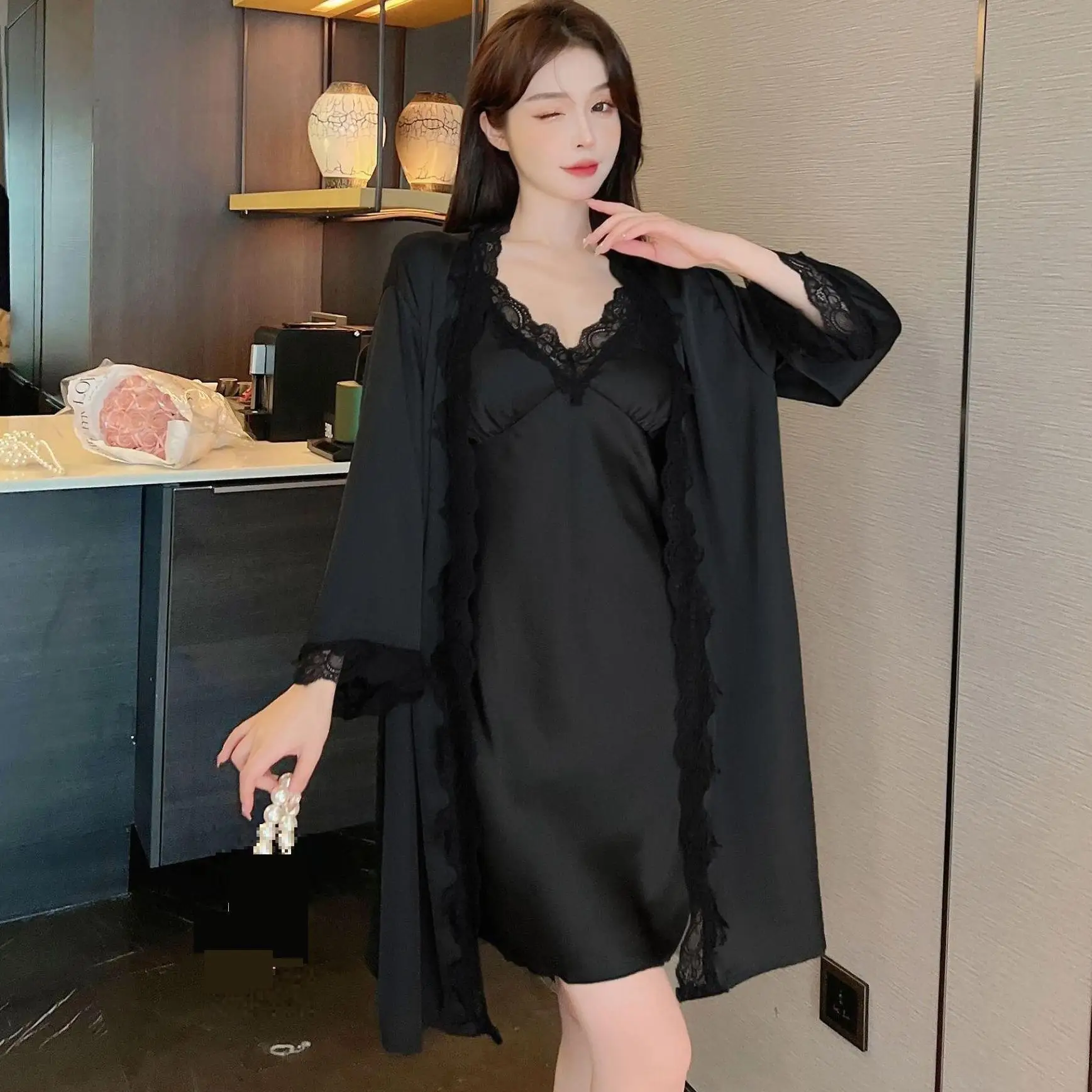 2PCS Kimono Robe Set Women Lace Satin Bathrobe Gown Summer Nightwear Sexy  Print Sleepwear Nightgown Lounge