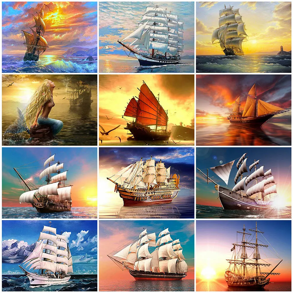 HUACAN Diamond Mosaic Landscape Sunset Full Drill Diamond Embroidery Boat Picture Of Rhinestone Painting Ship Home Decor