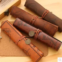 

4Pcs Retro Treasure Map Pencil Case Leather PU High Capacity Pluggable Cosmetic Bag Roll Pen Bag Stationery Supplies