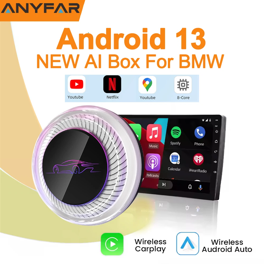 Wireless AI Box for BMW or Other Cars with Wireless CarPlay Android 13 System 8GB RAM 128GB ROM Dual WiFi 4G SIM and HDMI Output