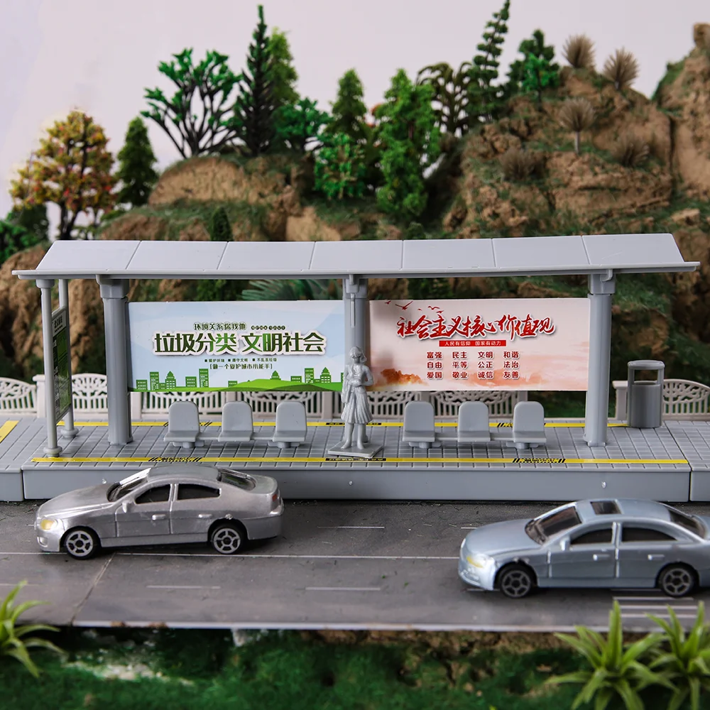 

Miniature Bus Station Model DIY Assembled Plastic Toys Sand Table Architecture Building Decoration Birthday Gift for Kids